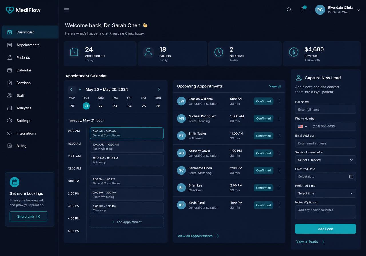 Patient booking system dashboard with calendar and lead capture form